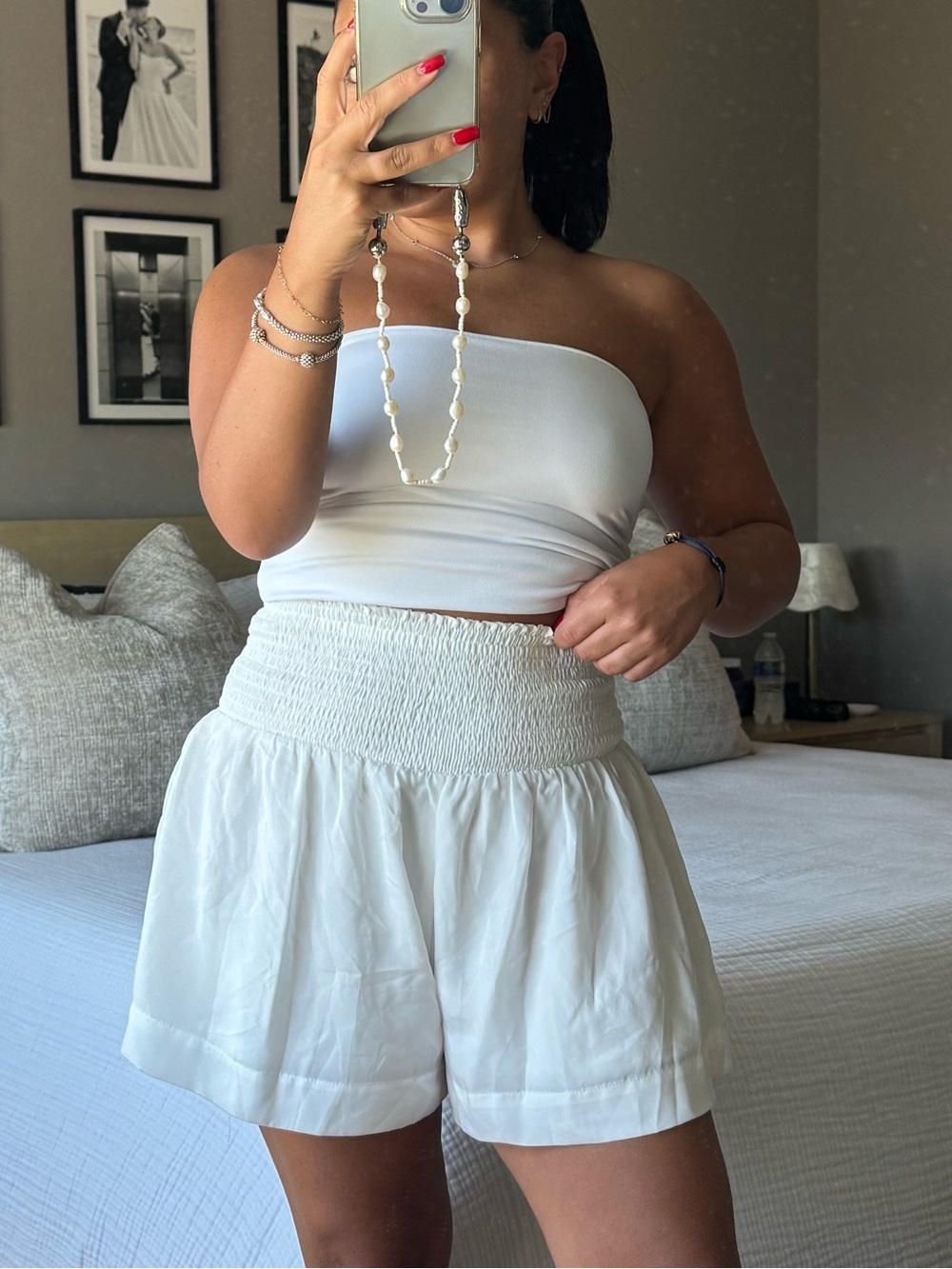 High-Waist White Smocked Shorts for Women